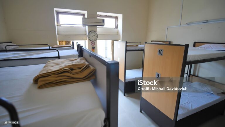 Empty room for a cheap hostel with bunk beds